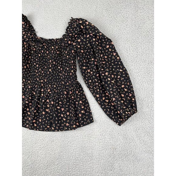 Madewell Smocked Peplum Floral AOP Blouse Black Size 0 Stretch Peasant Spring - Picture 11 of 12